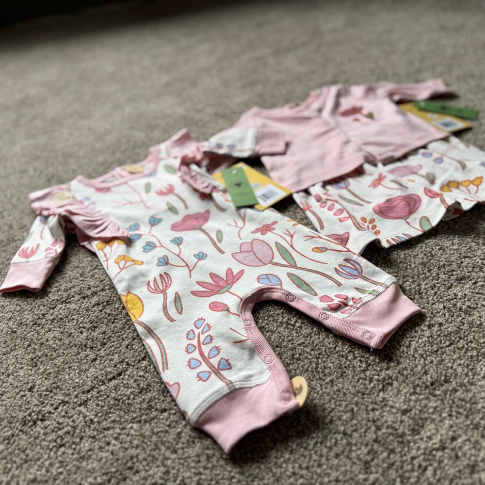 NWT Monica and Andy floral romper and floral dress with cardigan newborn size